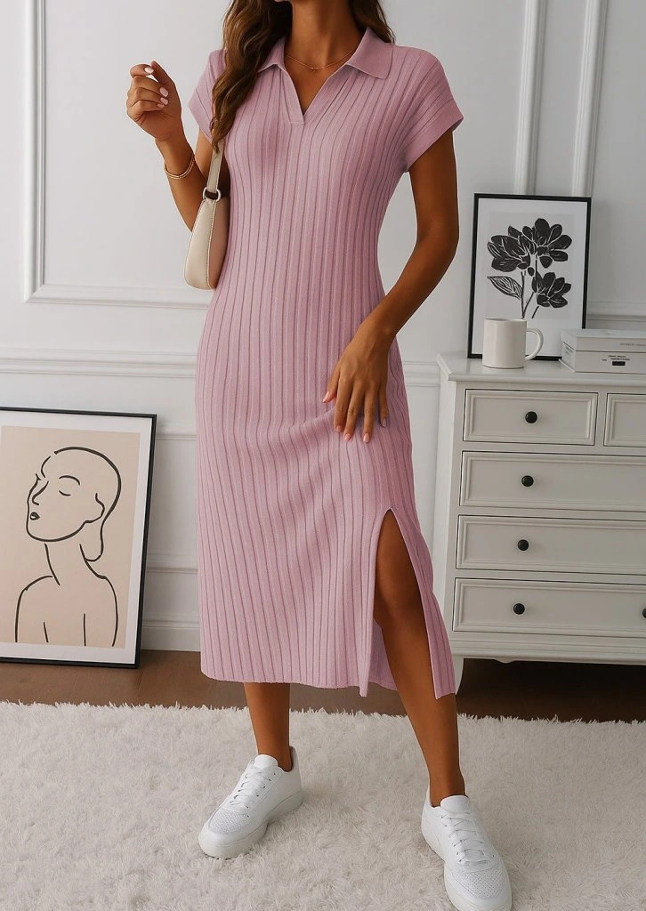 Kadın Kısa Kollu Yakalı Yandan Yırtmaçlı Kalın Fitilli Kaşkorse Elbise