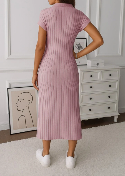 Kadın Kısa Kollu Yakalı Yandan Yırtmaçlı Kalın Fitilli Kaşkorse Elbise