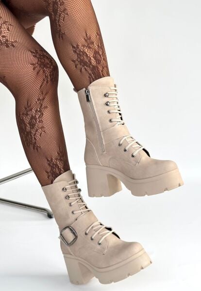 Linma Bej Nubuk Bağcıklı Topuklu Bot