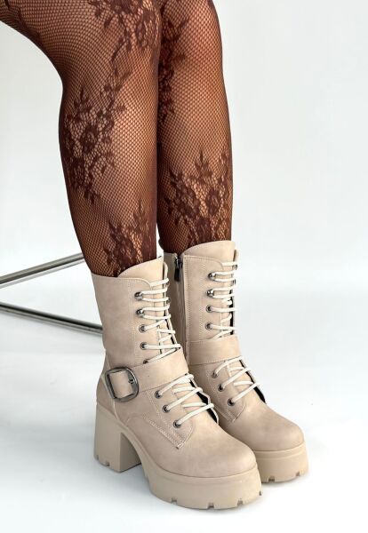 Linma Bej Nubuk Bağcıklı Topuklu Bot