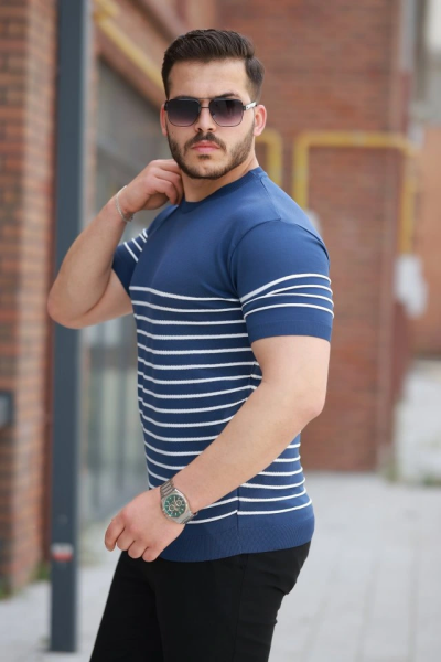 Erkek çizgi Desenli Bisiklet Yaka Kısa Kollu T-sihrt