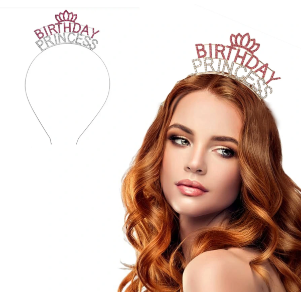 Kristal Taşlı Birthday Princess Yazılı Parti Tacı Pembe Renk
