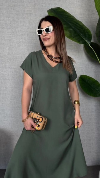 Kadın Kısa Kollu V Yaka Salaş Maxi Boy Elbise