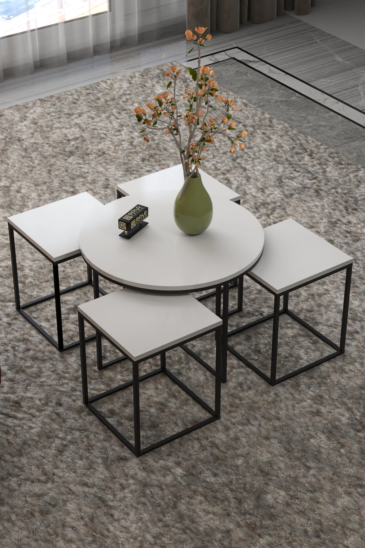 Orta Sehpa Ve Zigon Sehpa Oval Lüx 5'Li Set Beyaz