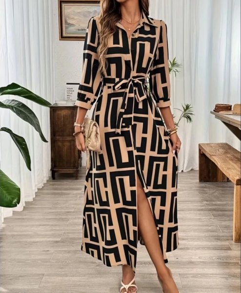 Kadın Uzun Kollu Yakalı önden Düğmeli Uzun Süprem Elbise