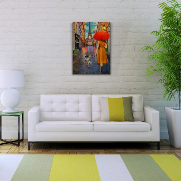 Eyfel Kulesi önünde Kırmızı Şemsiyeli Kadın Yağlıboya Kanvas Tablo 50 x 70