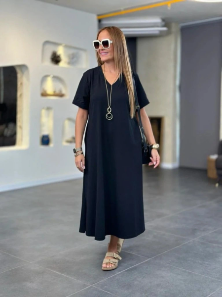 Kadın Kısa Kollu V Yakalı Cep Detaylı Uzun Viskon Iki Iplik Elbise