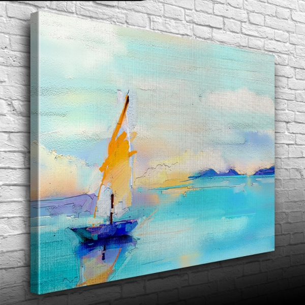 Gündoğumun `da Deniz ve Yelkenli Yağlıboya Kanvas Tablo 50 x 70