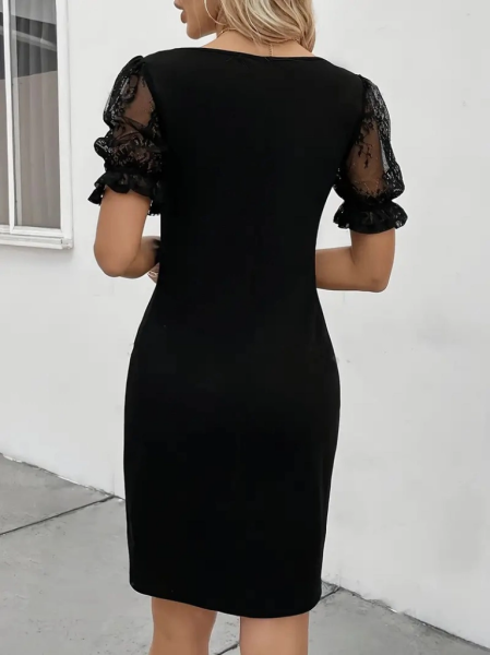 Kadın Kısa Kollu Dantelli V Yakalı Yanlardan Büzgülü çapraz Detaylı Ithal Krep Elbise