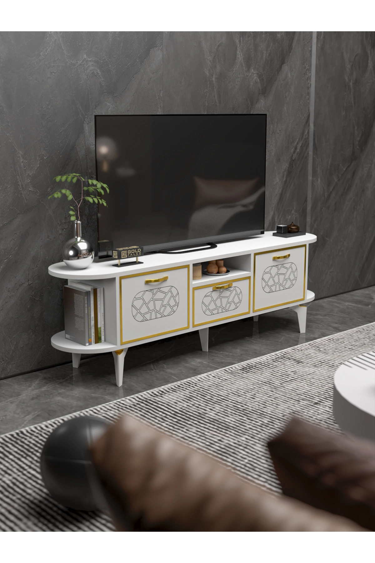 Tv Sehpası Mira Gold 5032 Beyaz 160 Cm 35 Cm 50 Cm