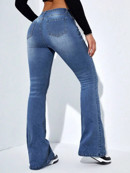 Kadın Yüksek Bel Cepli İspanyol Paçalı Kot Jeans Pantolon