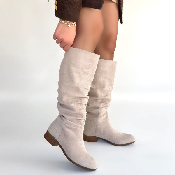 Winda Bej Süet Körüklü Topuklu Çizme