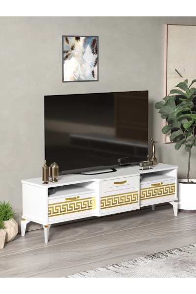 Tv Sehpası Tv Ünitesi 160 Cm Gold Beyaz Mistral 5072