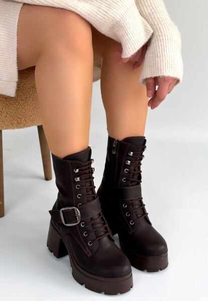 Linma Acı Kahve Cilt Bağcıklı Topuklu Bot