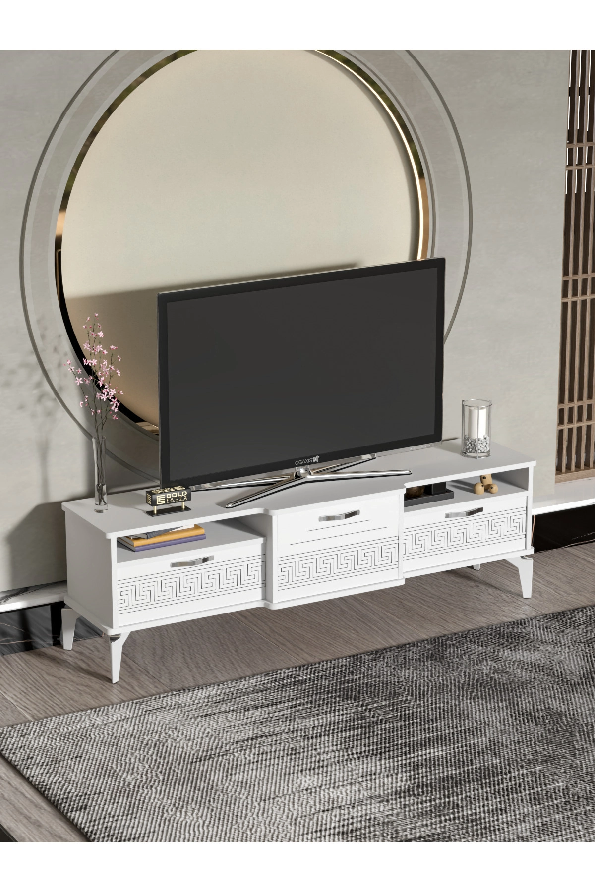 Tv Sehpası Tv Ünitesi 160 Cm Gümüş Beyaz Mistral 5073
