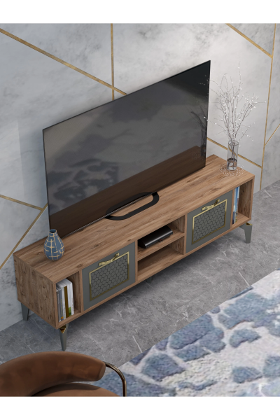Tv Sehpası Tv Ünitesi Atlantik Çam Antrasit Gold 160 Cm Linya 5040