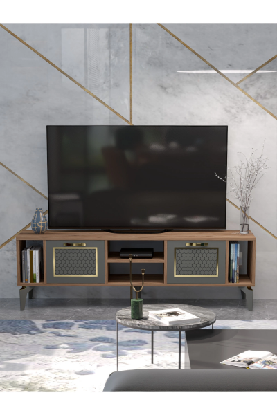 Tv Sehpası Tv Ünitesi Atlantik Çam Antrasit Gold 160 Cm Linya 5040