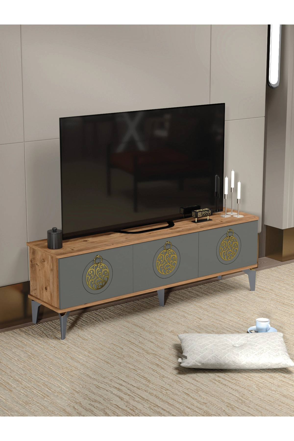 Tv Sehpası Tv Ünitesi Atlantik Çam Antrasit Gold 160 Cm Saraylı 5060
