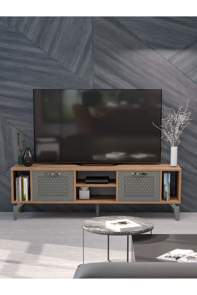 Tv Sehpası Tv Ünitesi Atlantik Çam Antrasit Gümüş 160 Cm Linya 5041