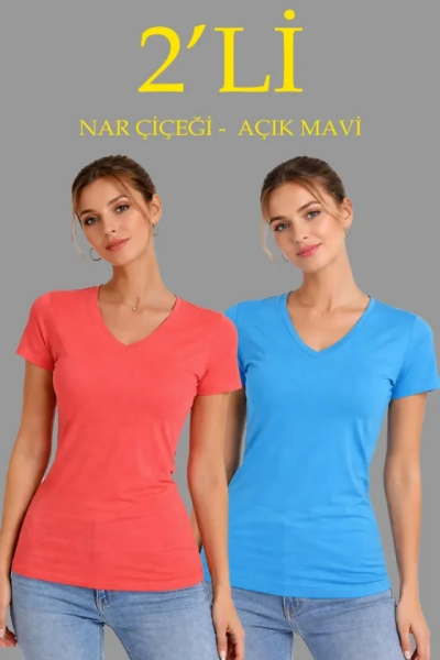 2li V Yaka Tişört – Kısa Kollu Yazlık Slim Fit Body - Nar Çiçeği - Açık Mavi