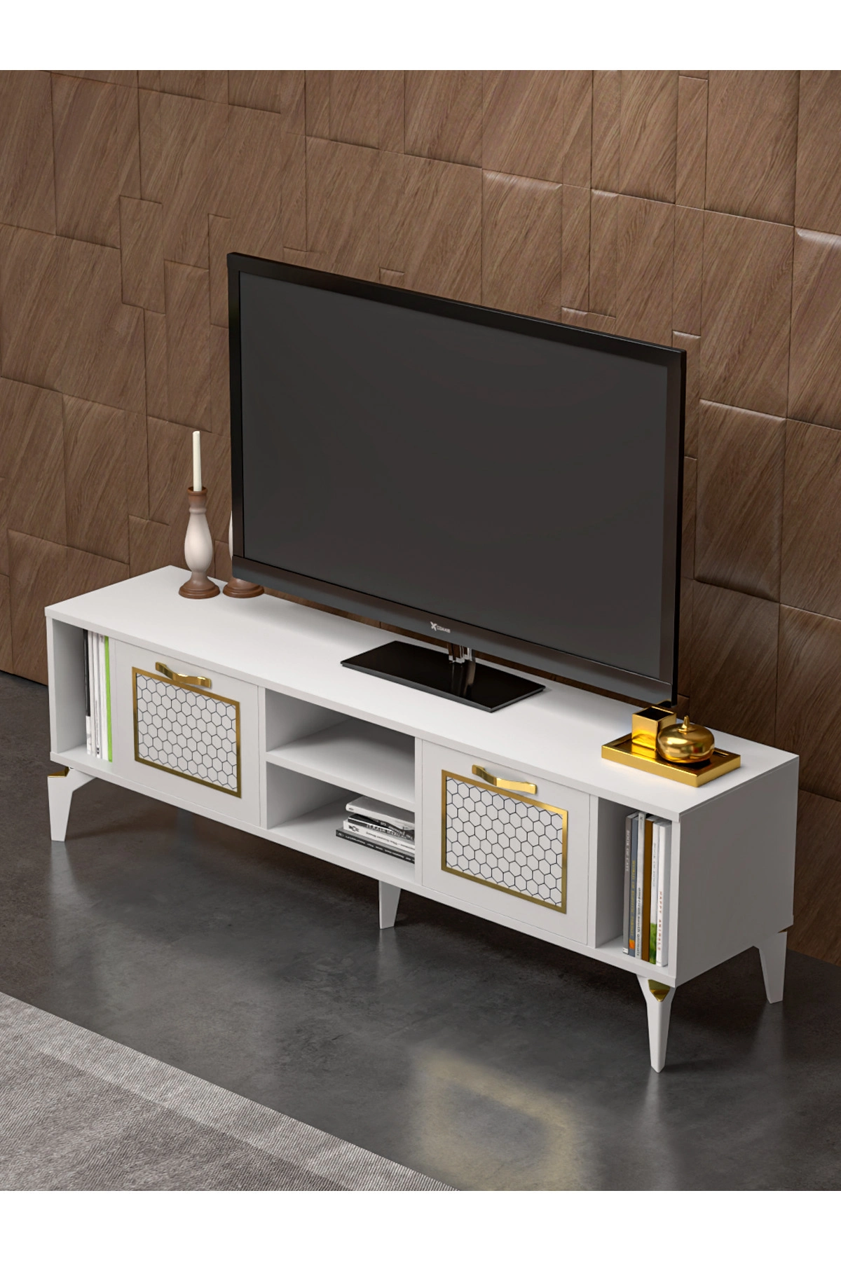 Tv Sehpası Tv Ünitesi Beyaz Gold 160 Cm Linya 5042