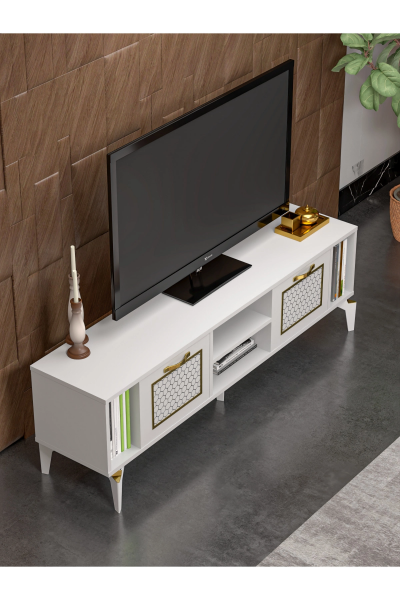 Tv Sehpası Tv Ünitesi Beyaz Gold 160 Cm Linya 5042