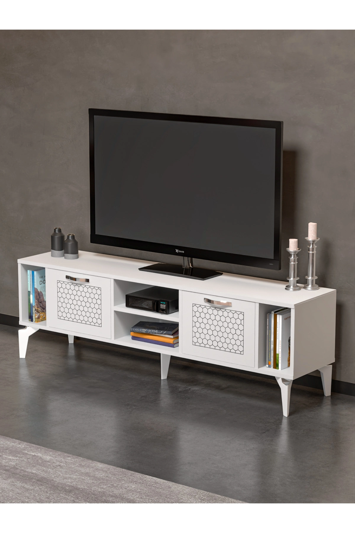 Tv Sehpası Tv Ünitesi Beyaz Gümüş 160 Cm Linya 5043