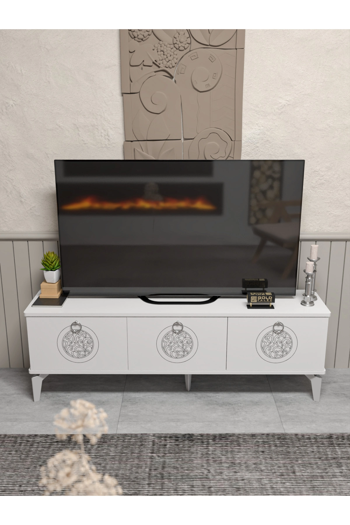 Tv Sehpası Tv Ünitesi Beyaz Gümüş 160 Cm Saraylı 5063