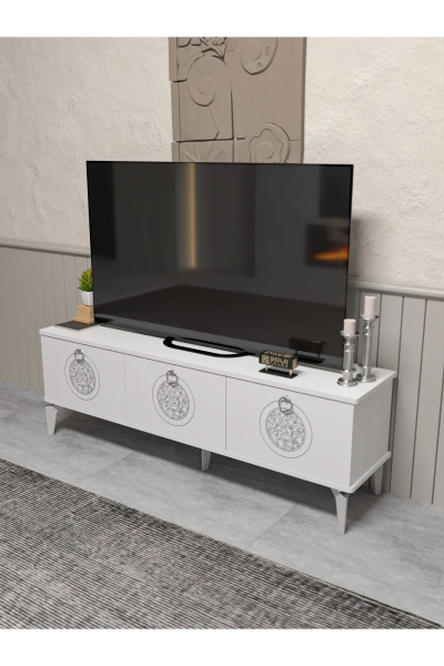 Tv Sehpası Tv Ünitesi Beyaz Gümüş 160 Cm Saraylı 5063