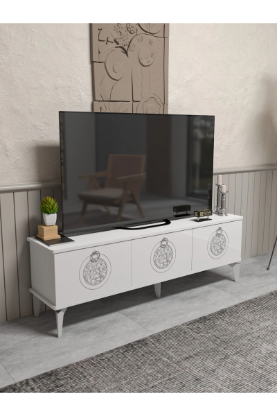 Tv Sehpası Tv Ünitesi Beyaz Gümüş 160 Cm Saraylı 5063