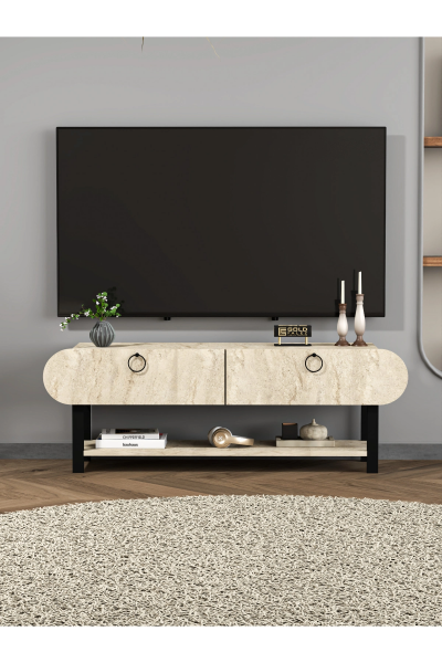 Tv Sehpası Tv Ünitesi Kapaklı Raflı Setro Traverten