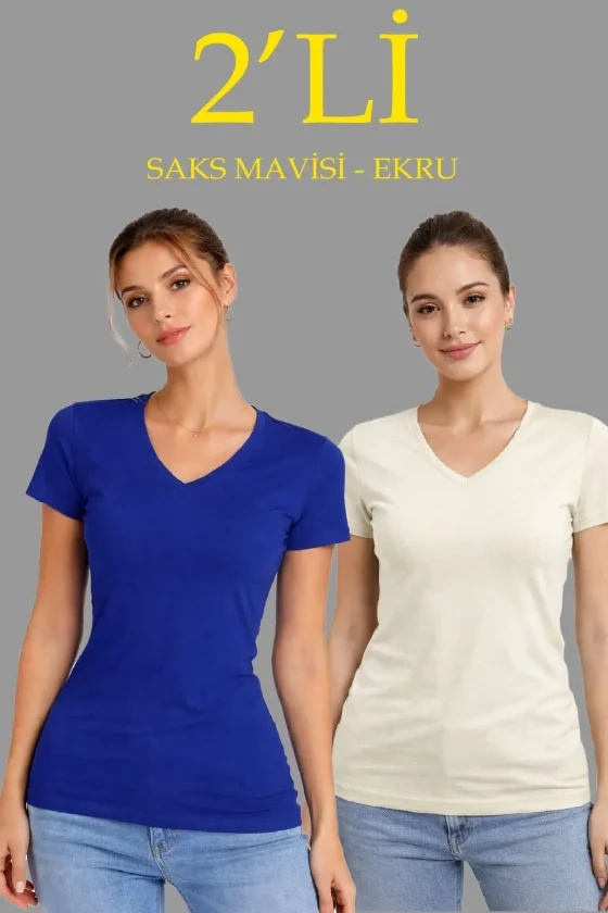 2li V Yaka Tişört – Kısa Kollu Yazlık Slim Fit Body - Saks Mavisi - Ekru