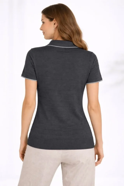 Triko Kumaş Yakalı Düğmesiz Açık Yaka Fitilli Kısa Kollu Regular Fit Tişört T-shirt - Siyah