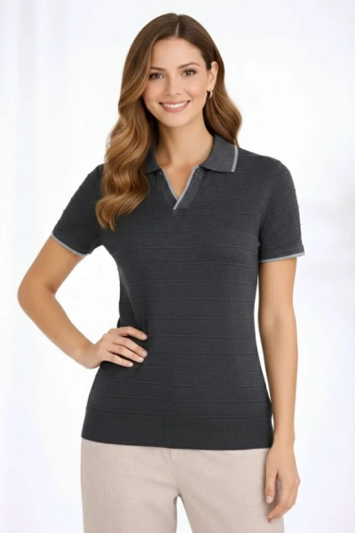 Triko Kumaş Yakalı Düğmesiz Açık Yaka Fitilli Kısa Kollu Regular Fit Tişört T-shirt - Siyah