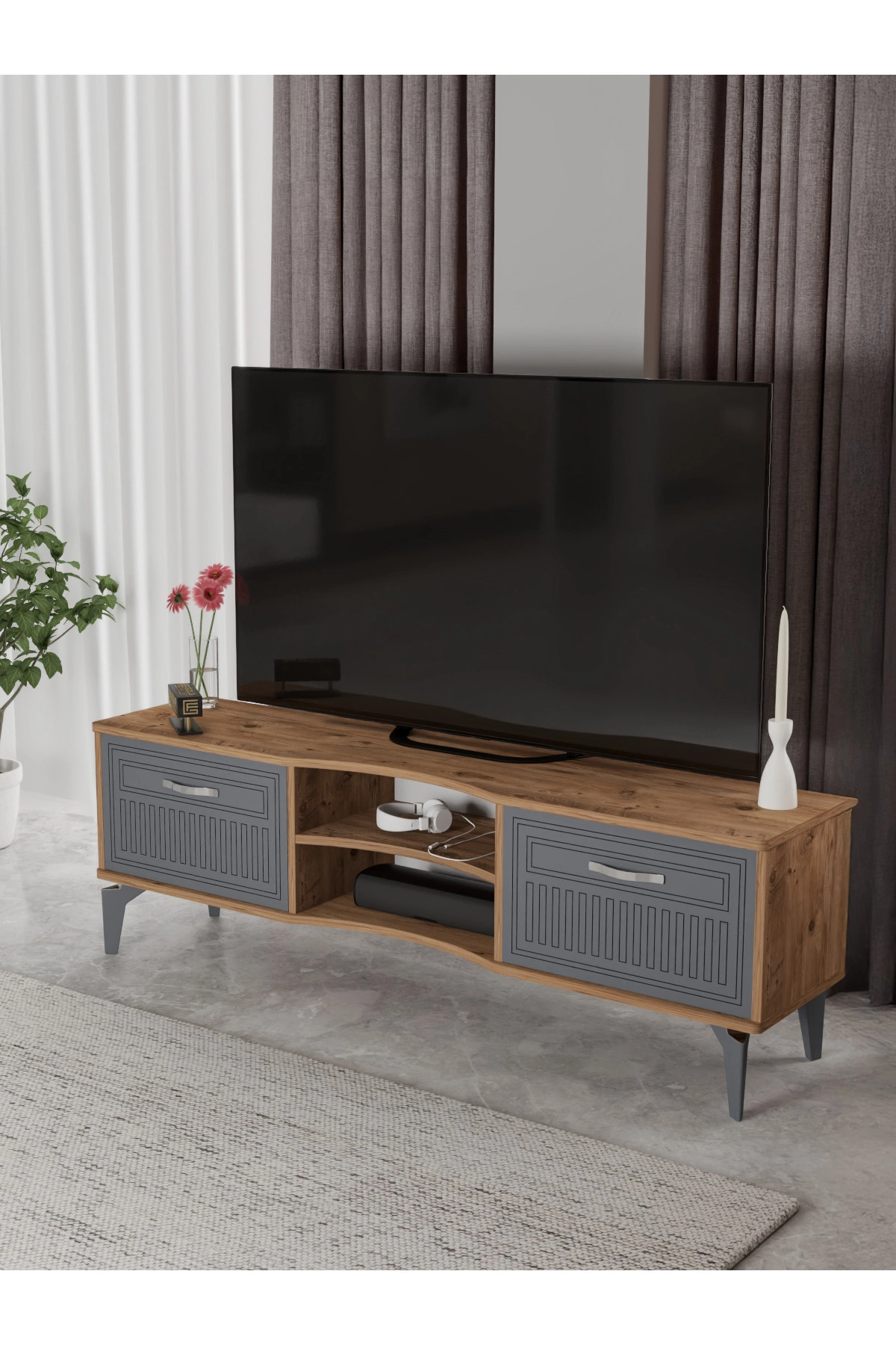 Tv Sehpası Tv Ünitesi Vera Atlantik Çam Antrasit Çizgili 5051