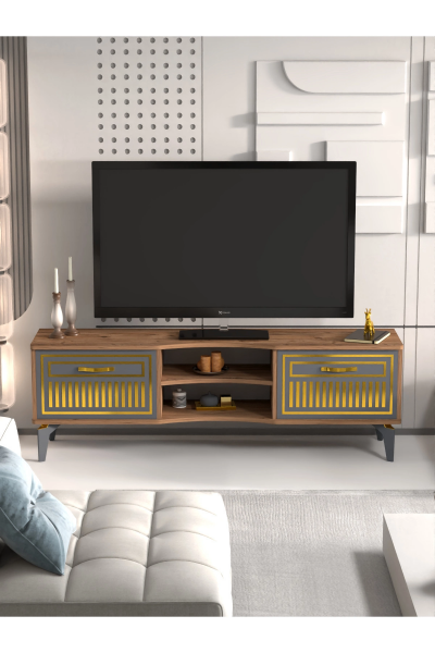 Tv Sehpası Tv Ünitesi Vera Atlantik Çam Antrasit Gold Çizgili 5050