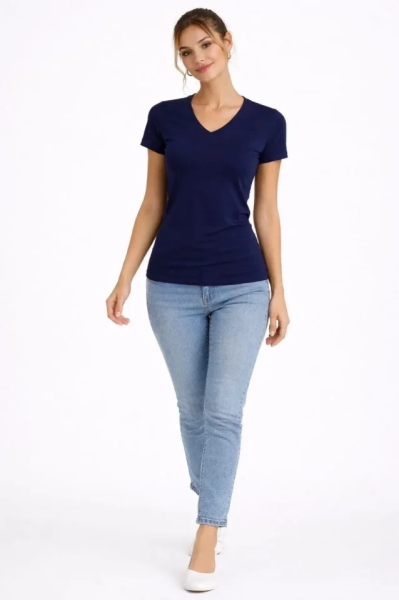 2li V Yaka Tişört – Kısa Kollu Yazlık Slim Fit Body - Lacivert - Ekru