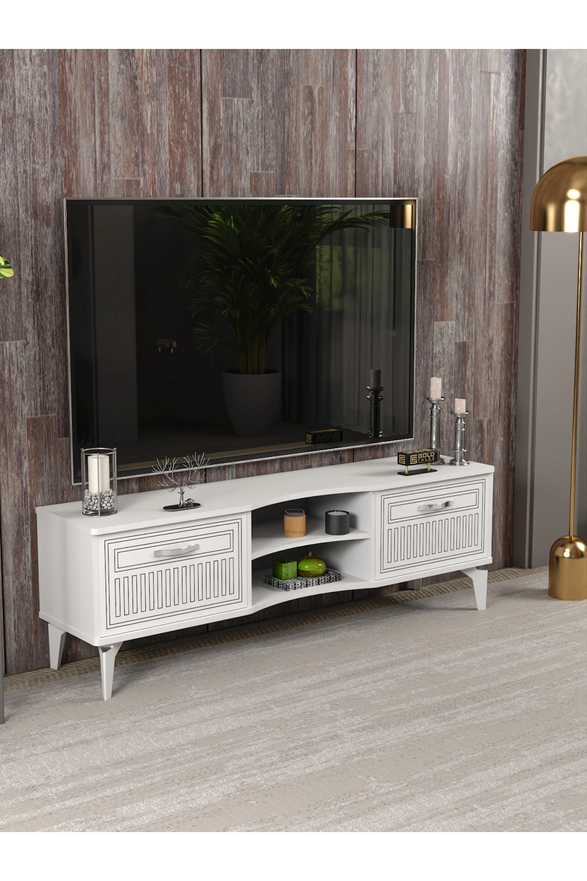 Tv Sehpası Tv Ünitesi Vera Beyaz Çizgili 5053