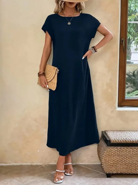 Kadın Uzun Kollu Yakası Açık Viskon Elbise