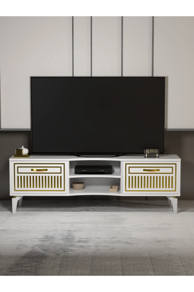 Tv Sehpası Tv Ünitesi Vera Beyaz Gold Çizgili 5052