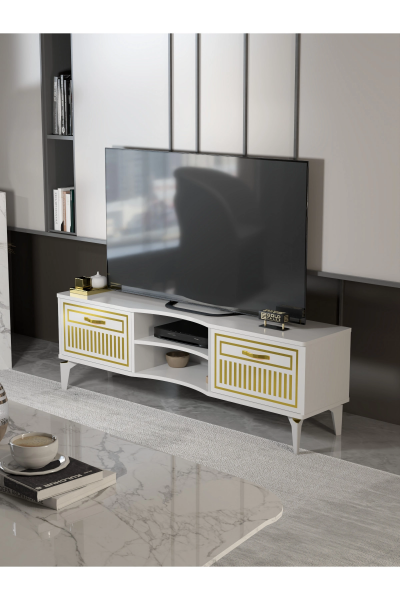 Tv Sehpası Tv Ünitesi Vera Beyaz Gold Çizgili 5052
