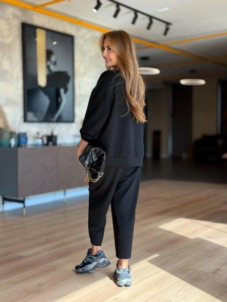 Kadın Uzun Kollu Bisiklet Yaka Viskon Iki Iplik Bluz Ve Pantolon Ikili Takım