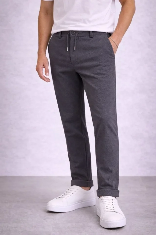 Erkek Diagonel Mikro Dokulu Duble Paça Cepli Pantolon Bağcıklı Bel, Modern Kesim - Füme