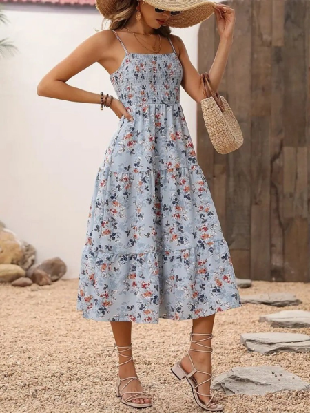 Kadın Ip Askılı Geniş V Yakalı Desenli Uzun Süprem Elbise