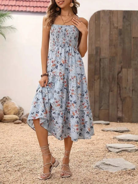 Kadın Ip Askılı Geniş V Yakalı Desenli Uzun Süprem Elbise