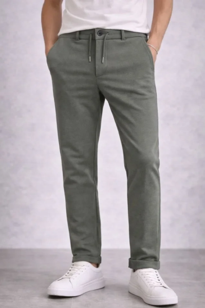 Erkek Diagonel Mikro Dokulu Duble Paça Cepli Pantolon Bağcıklı Bel, Modern Kesim - Haki