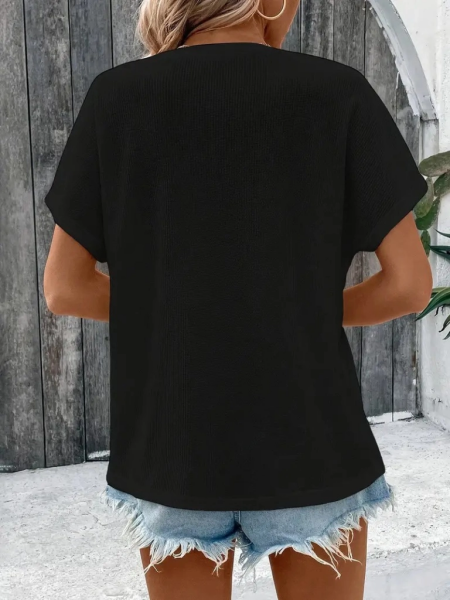 Kadın Kısa Kollu Yakası Açık önden Düğmeli Waffle Bluz