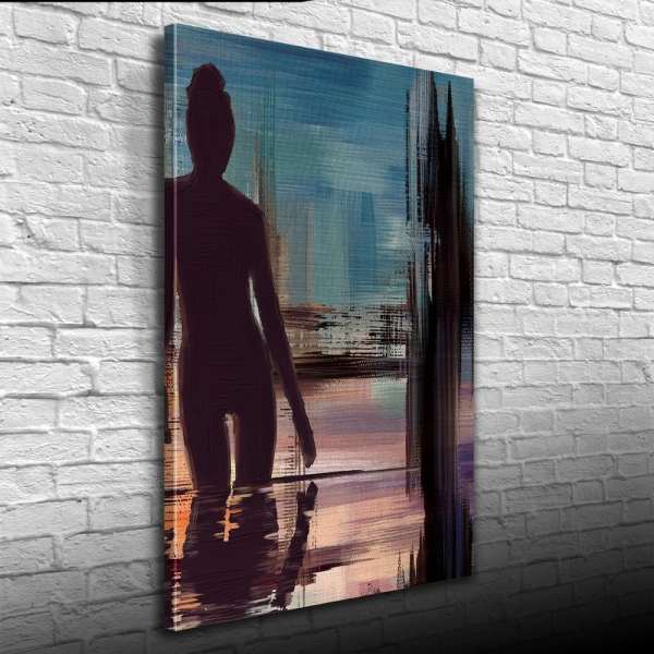 Gece Havuzdaki Kadın , Mavi Siyah Tonlarda Kanvas Tablo 50 x 70