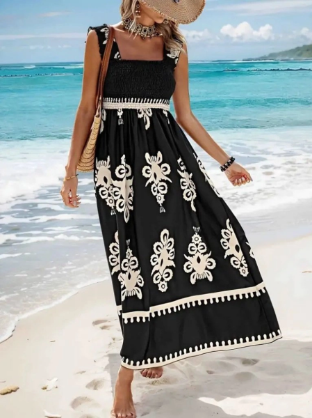 Kadın Askılı Kare Yaka Gipe Detaylı Desenli Suprem Elbise