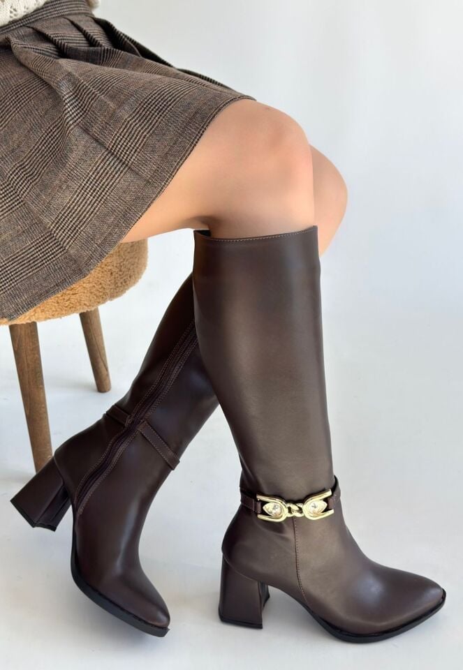 Mooni Kahverengi Cilt Topuklu Çizme